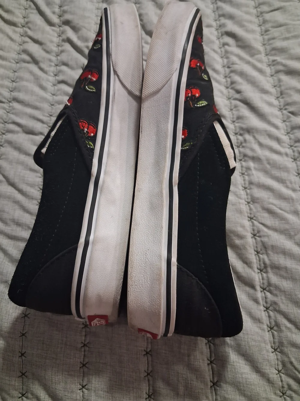 LadiesBlack Slip-On Shoes with Red Cherry Print Vans